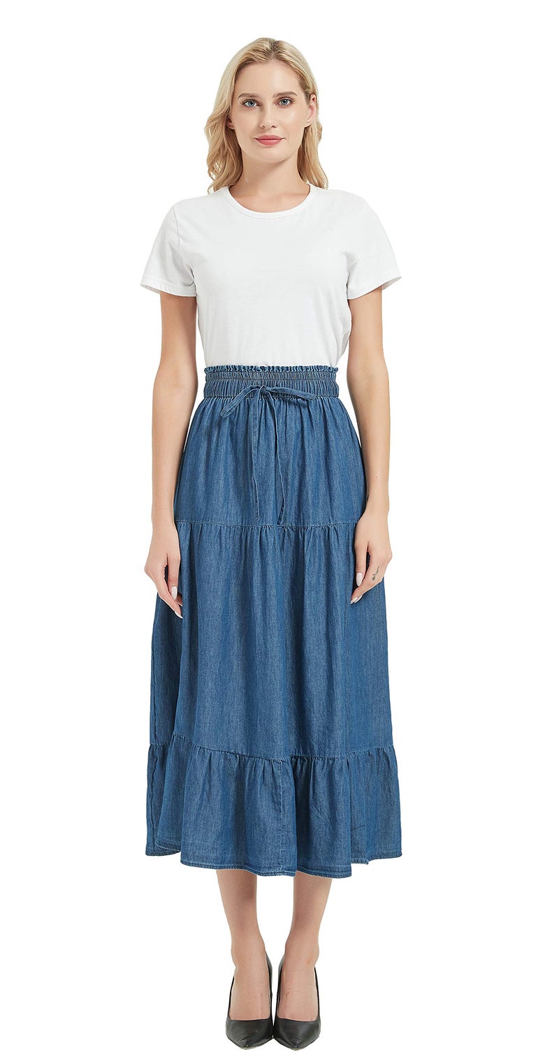 Tronjori Womens A Line Long Midi Chino Denim Skirt Tired Pleated Layers Elastic Waist Front Drawstring(M, Denim Blue) - Image 2